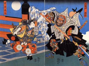 Saito Musashibo Benkei -- Minamoto no Yoshitsune und Benkei kämpfen auf der Gojo-Brücke, Darstellung von Kuniyoshi