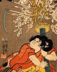 Saito Musashibo Benkei -- junger Benkei trägt einen Pfahl